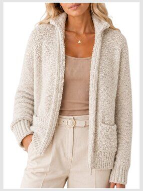 Eileen Fisher Linen Blend Zip Cardigan Cream Tan Pockets L